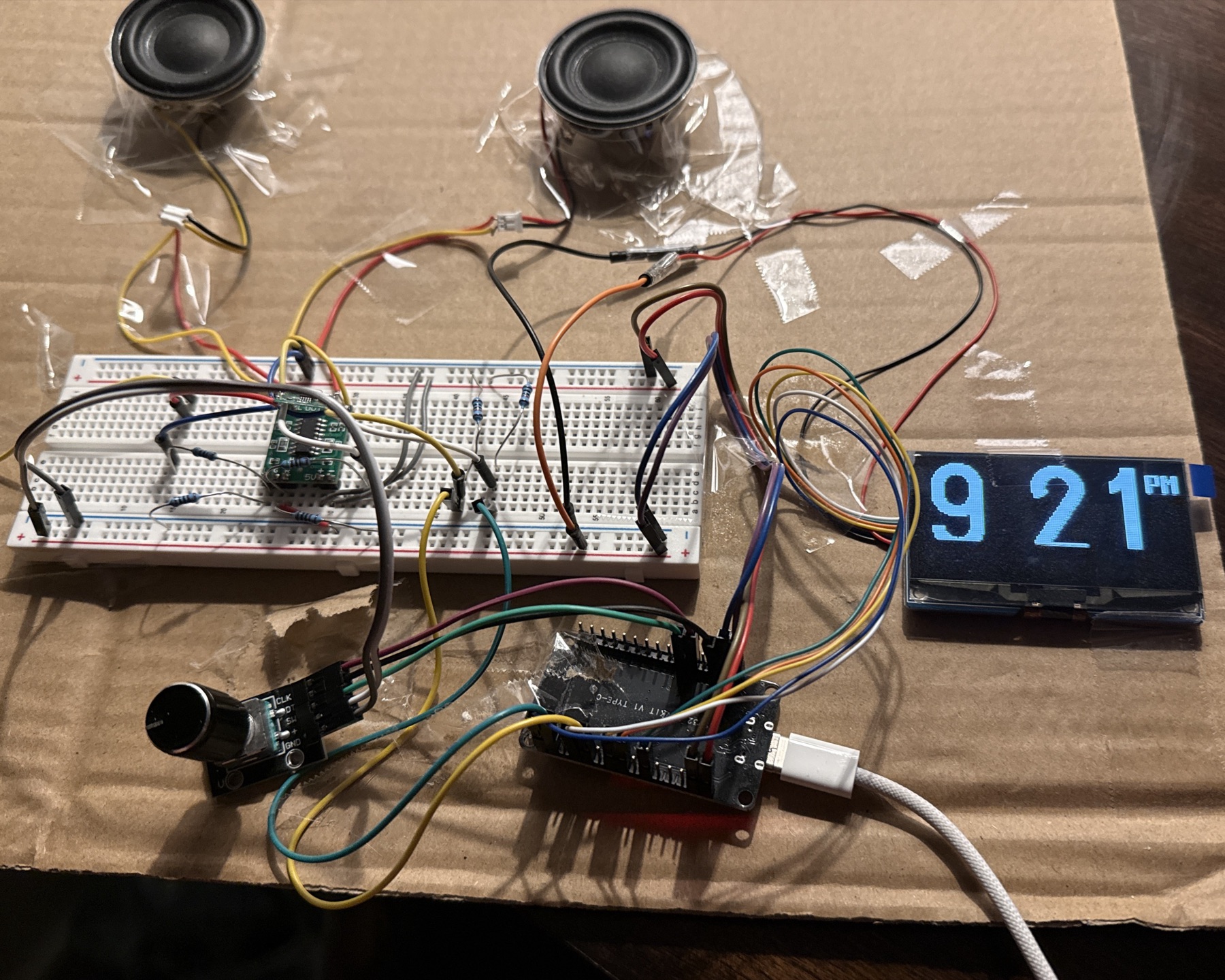 DAWN breadboard prototype — every component wired up before the custom PCB
