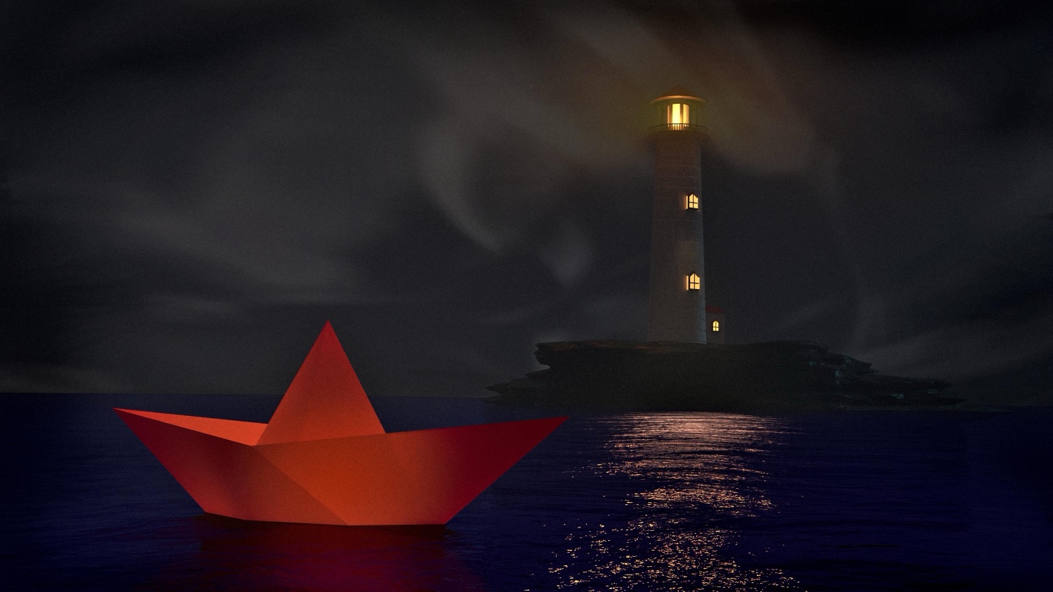 3D render of a red paper boat near a lighthouse at night