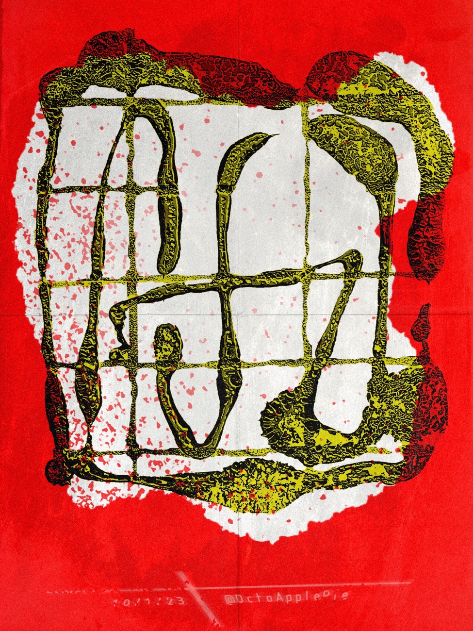 Abstract green relief print on a red ground