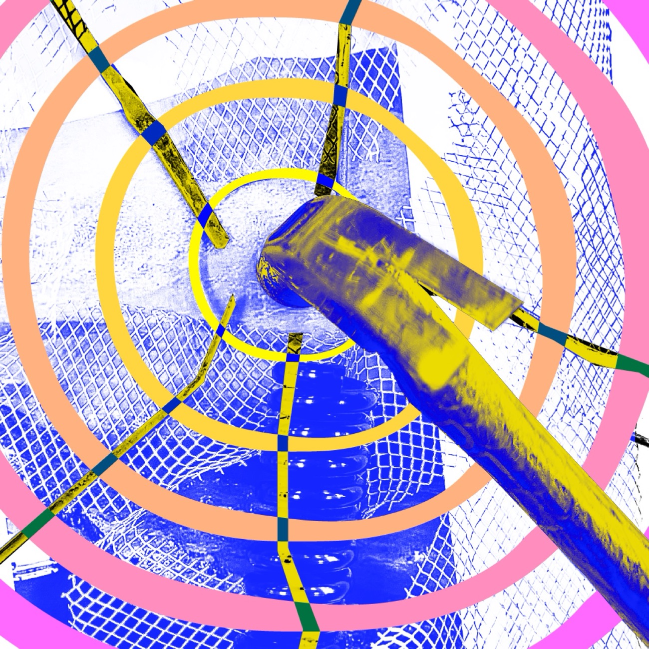Halftone digital composite of a hammer in blue, yellow and pink