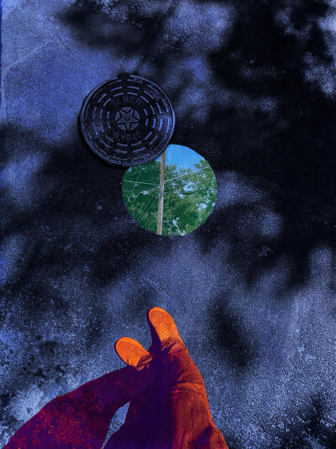 Surreal blue-toned photo composite of a manhole portal to the sky