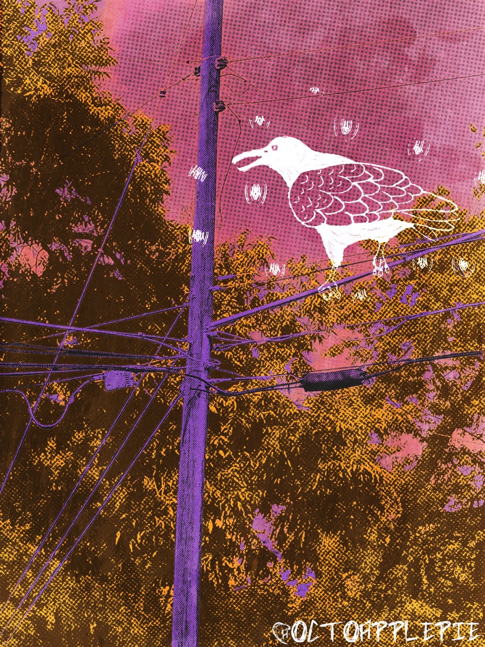 Halftone print of a bird perched on telephone wires
