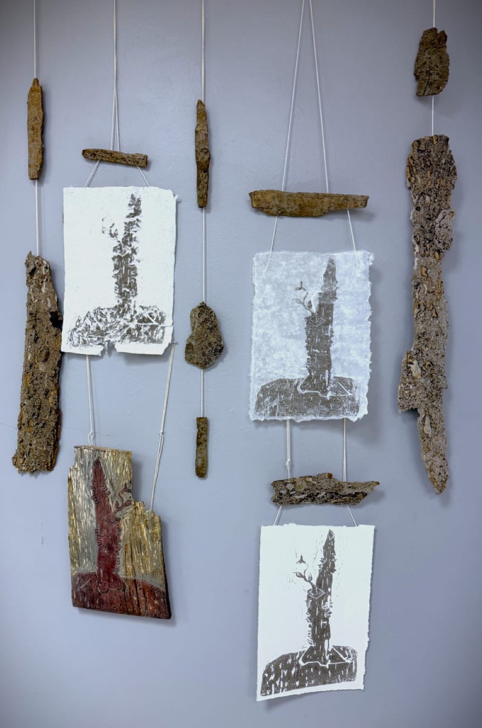 Linocut tree prints on handmade paper hung beside pieces of bark
