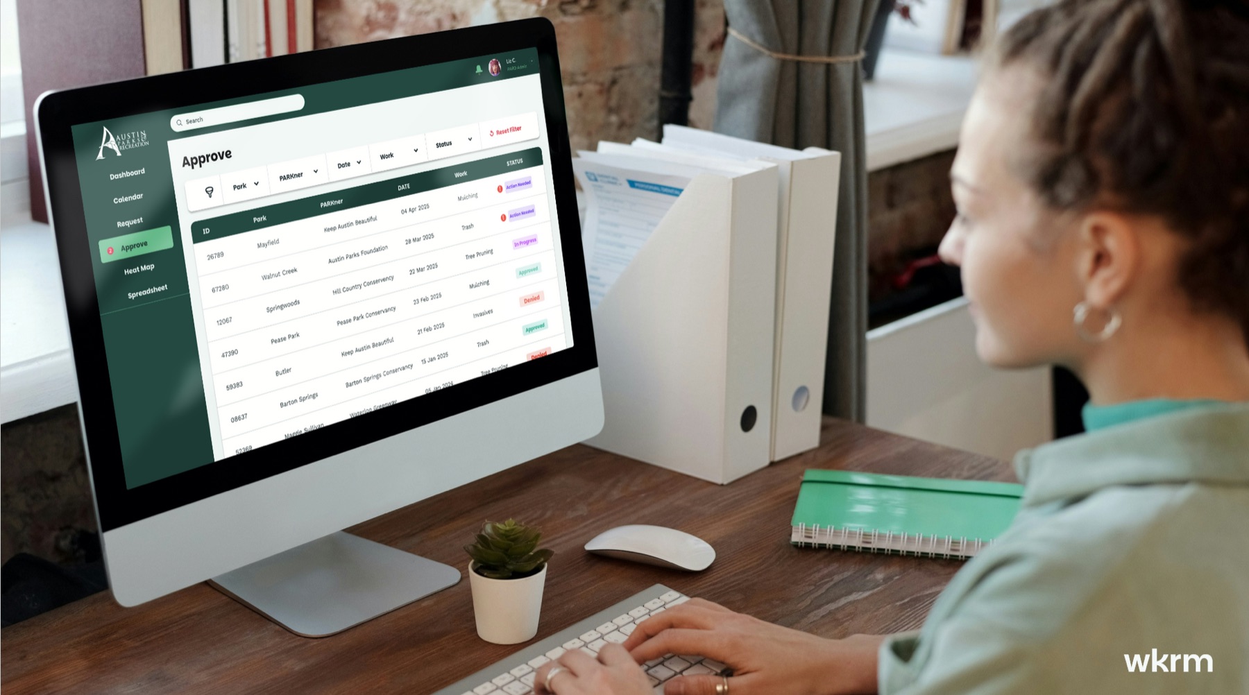 PARD internal dashboard concept — volunteer hours, equity heat map, events and approvals.